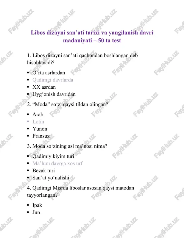 libos dizayni san’ati tarixi va yangilanish davri madaniyati – 50 ta test — DOCX