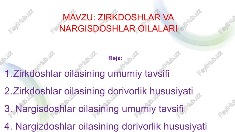 zirkdoshlar va nargisdoshlari oilalari — PPTX