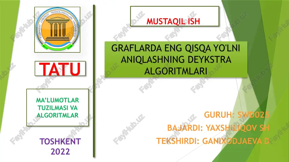 graflarda eng qisqa yo'lni aniqlashning deykstra algoritmlari — PPTX