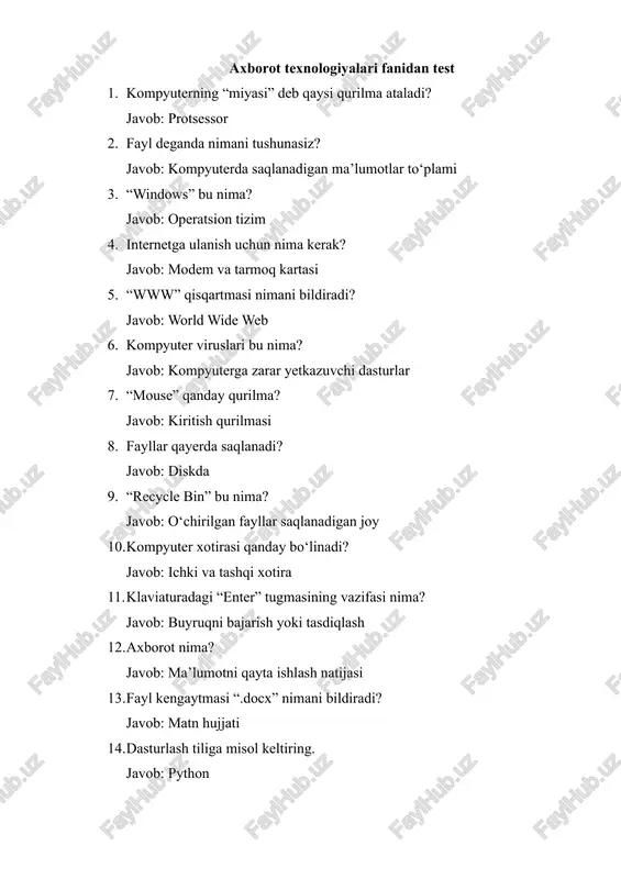 agros test savolari axborot texnolohiyalari — DOCX