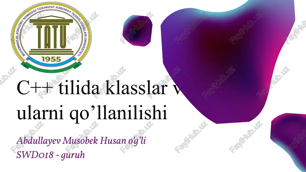 c++ tilida klasslar va ularni qo'llanilishi — PPTX