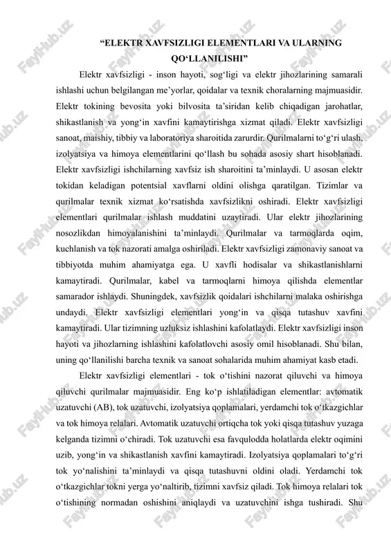 elektr xavfsizligi elementlari va ularning qo‘llanilishi — DOCX