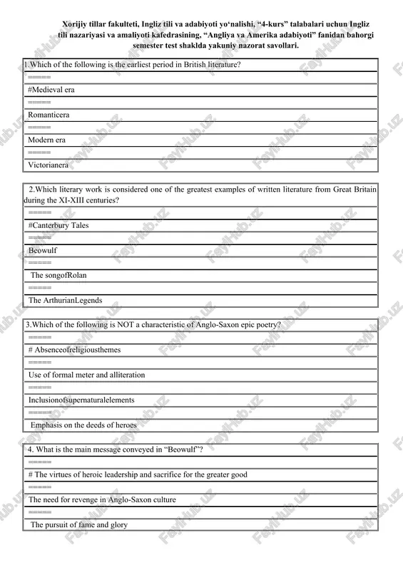 ingliz tili va adabiyoti semester test savollari — DOCX