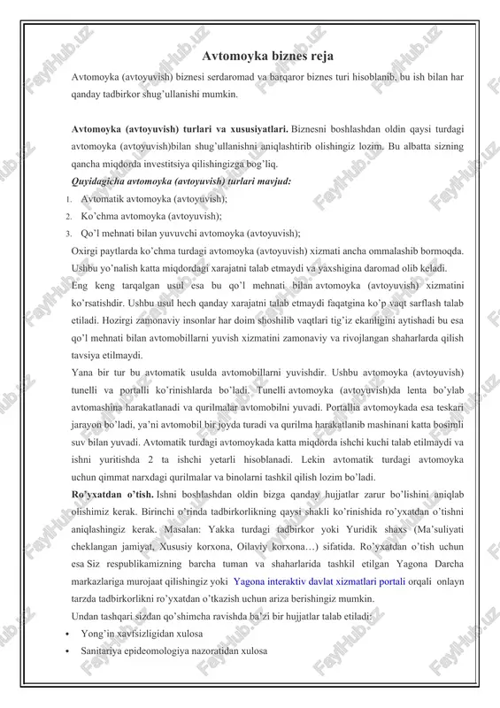 avtomoyka (avtomoyivish) biznes reja — DOCX