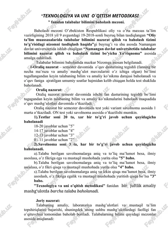 texnologiya va uni o`qitish metodikasi — DOC