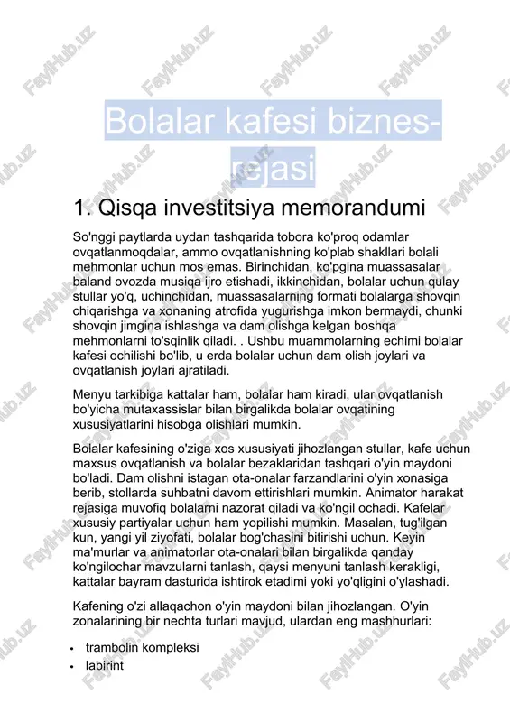 bolalar kafesi biznes-rejasi — DOCX