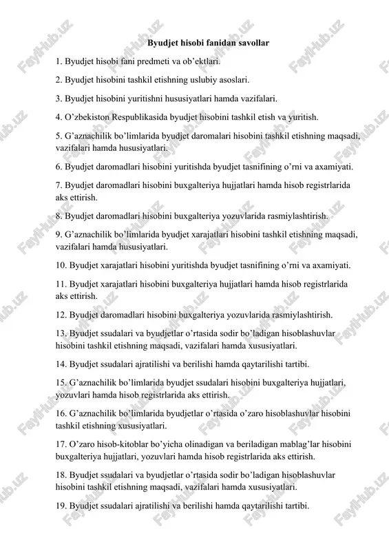 byudjet hisobi fanidan savollar — DOCX