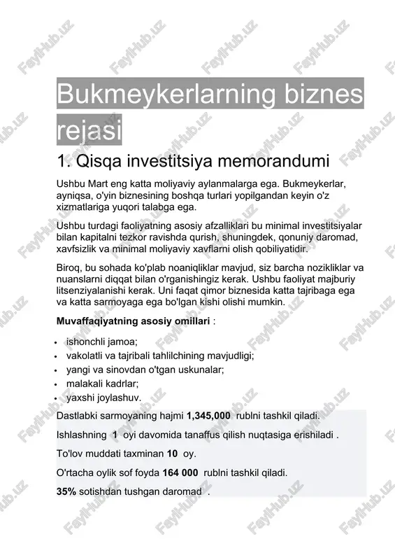 bukmeykerlarning biznes rejasi — DOCX