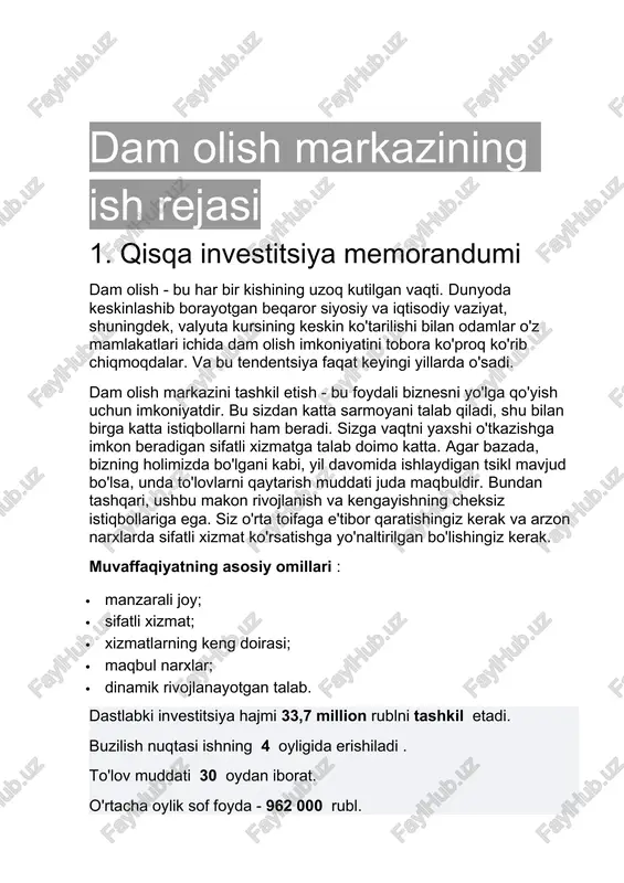dam olish markazining ish rejasi — DOCX