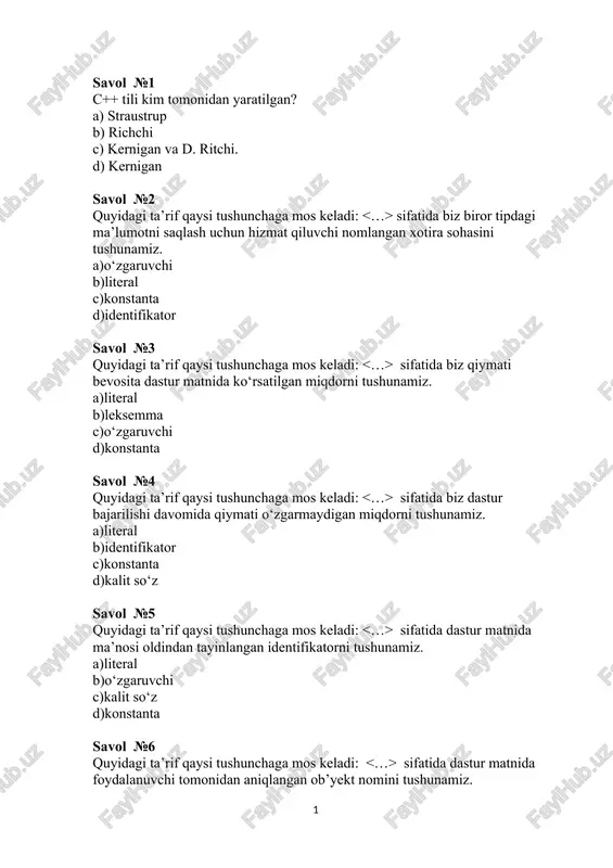 c++ tili test savollari — DOCX