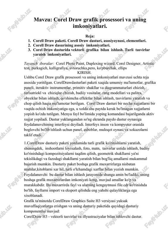 corel draw grafik prosessori va uning imkoniyatlari — DOCX