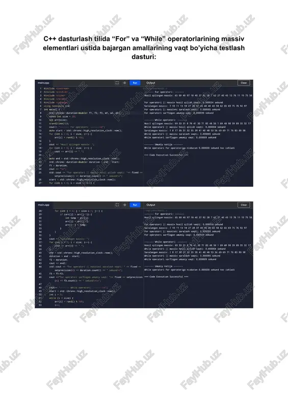 c++ dasturlash tilida “for” va “while” operatorlarining massiv elementlari ustida bajargan amallarining vaqt bo’yicha testlash dasturi — DOCX