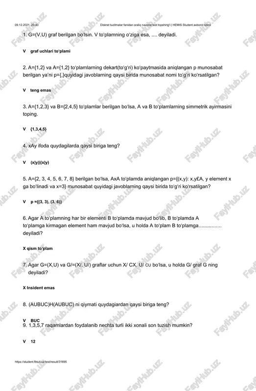diskret tuzilmalar fanidan oraliq nazorat test topshirig'i — DOCX
