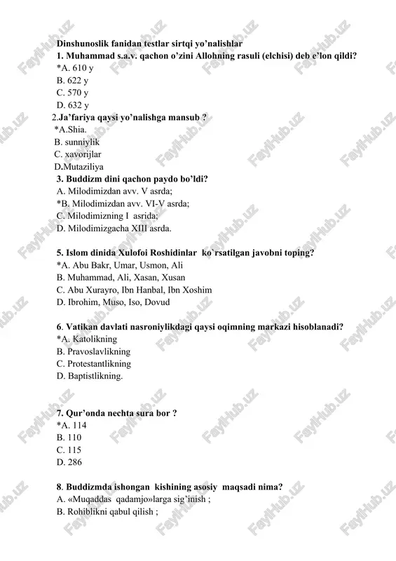 dinshunoslik fanidan testlar sirtqi yo’nalishlar — DOC