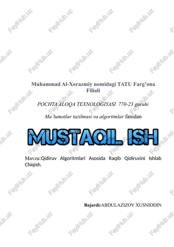 qidiruv algoritmlari asosida raqib qidiruvini ishlab chiqish — DOCX