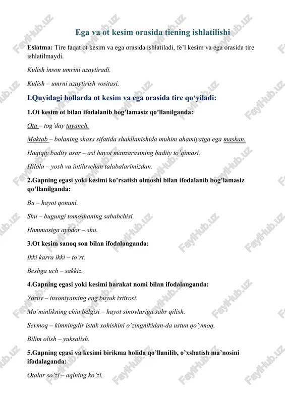ega va ot kesim orasida tiening ishlatilishi — DOCX