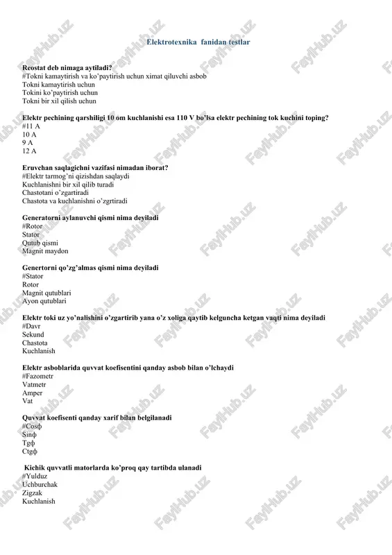 elektrotexnika fanidan testlar — DOCX