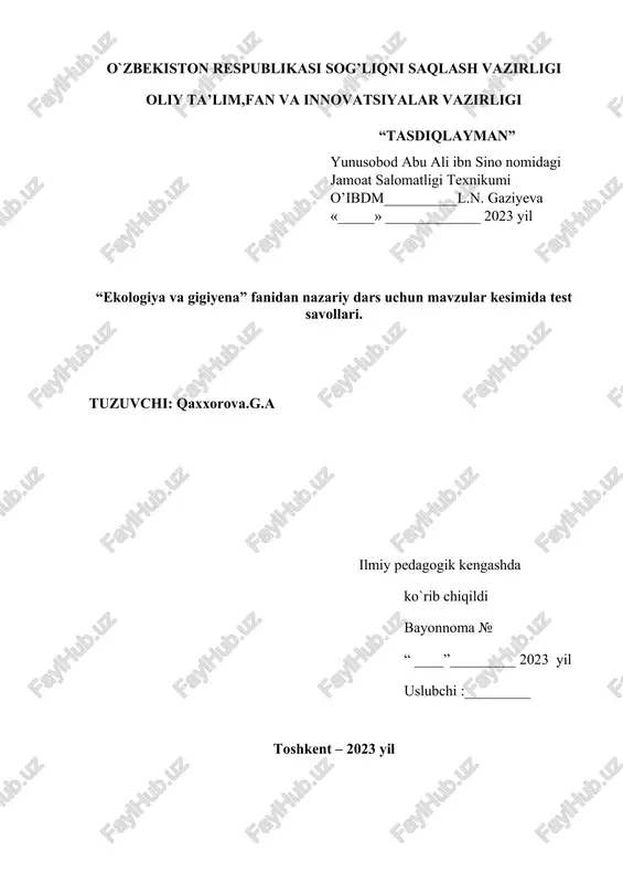 ekologiya va gigiyena fanidan test savollari — DOCX