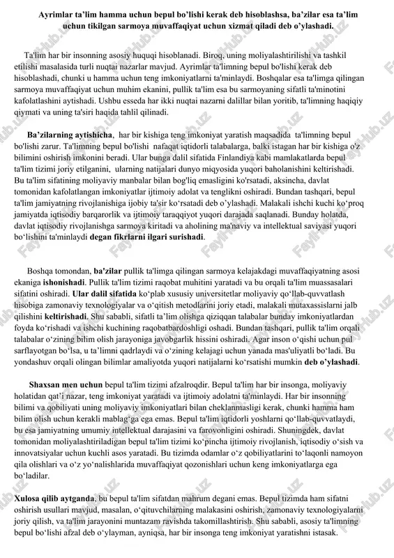 ta'limning bepul bo'lishi — DOCX