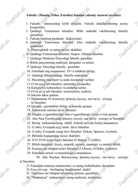 falsafa (mantiq. etika. estetika) fanidan yakuniy nazorat savollari — DOCX