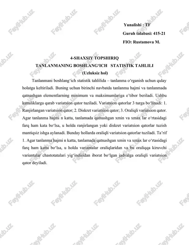 tanlanmani boshlangʻich statistik tahlili — DOCX