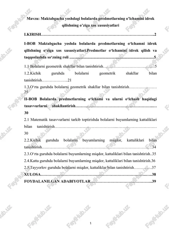 maktabgacha yoshdagi bolalarda predmetlarning o' lchamini idrok qilishning o'ziga xos xususiyatlari — DOCX