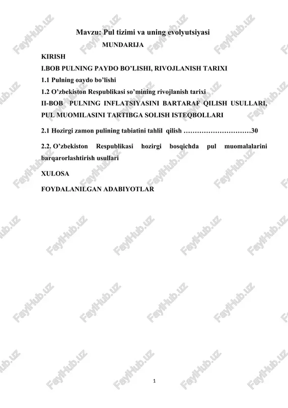 pul tizimi va uning evolyutsiyasi — DOCX