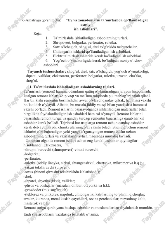 ta’mirlashda qo’llaniladigan asosiy ish asboblari — DOCX