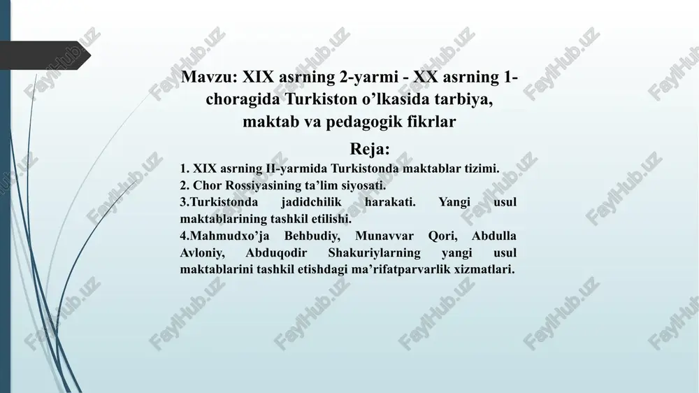 xix asrning 2-yarmi - xx asrning 1-choragida turkiston o’lkasida tarbiya, maktab va pedagogik fikrlar — PPTX