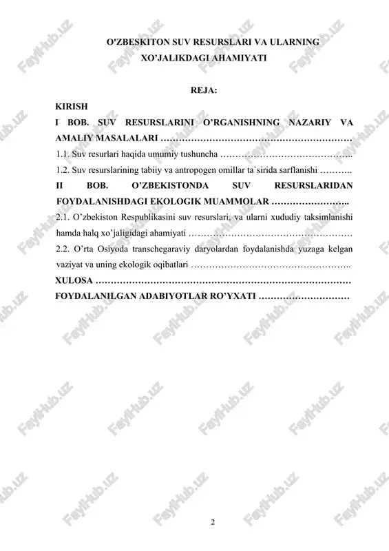 o'zbeskiton suv resurslari va ularning xo’jalikdagi ahamiyati — DOCX