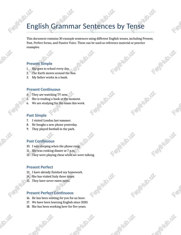 english grammar sentences by tense — DOCX