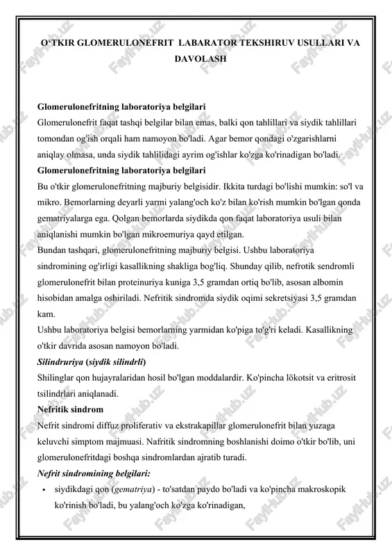 o‘tkir glomerulonefrit labarator tekshiruv usullari va davolash — DOCX