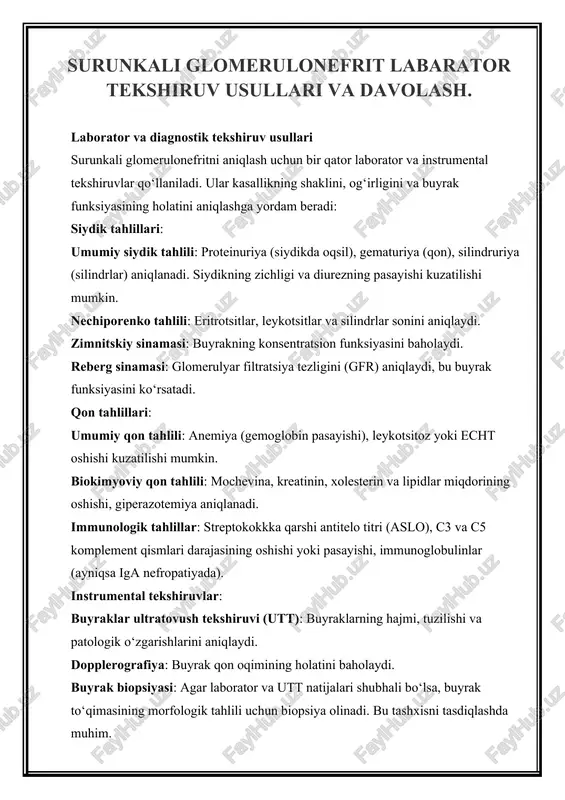 surunkali glomerulonefrit labarator tekshiruv usullari va davolash — DOCX