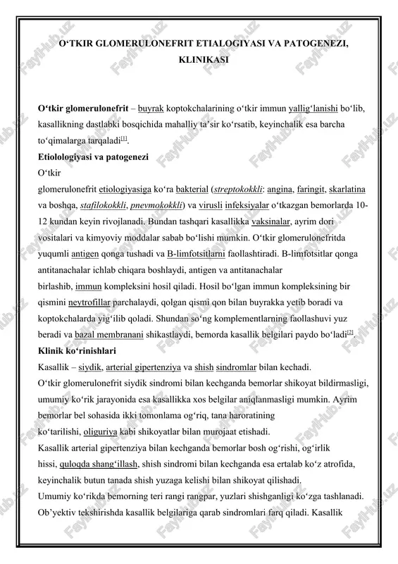 o‘tkir glomerulonefrit etialogiyasi va patogenezi, klinikasi — DOCX