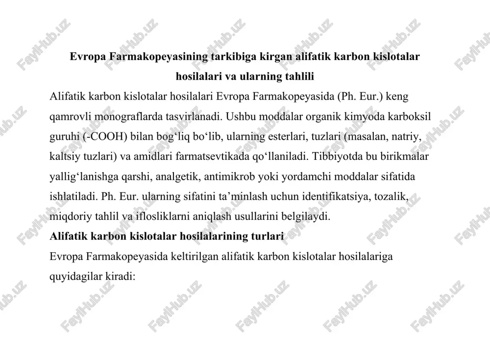 alifatik karbon kislotalar hosilalari va ularning tahlili — DOCX