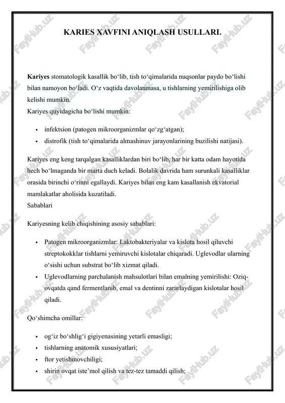 karies xavfini aniqlash usullari — DOCX