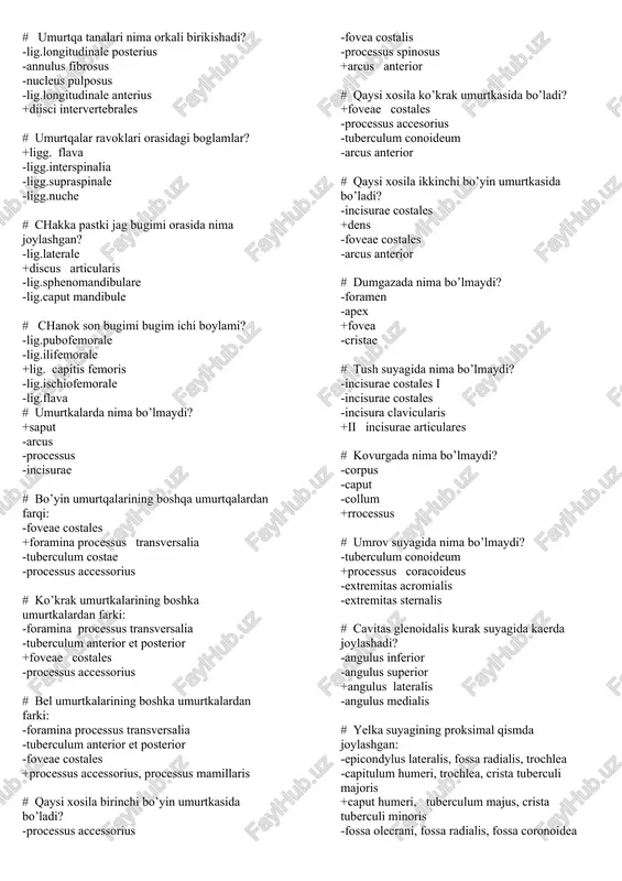 umurtqalar anatomiya test savollari — DOCX