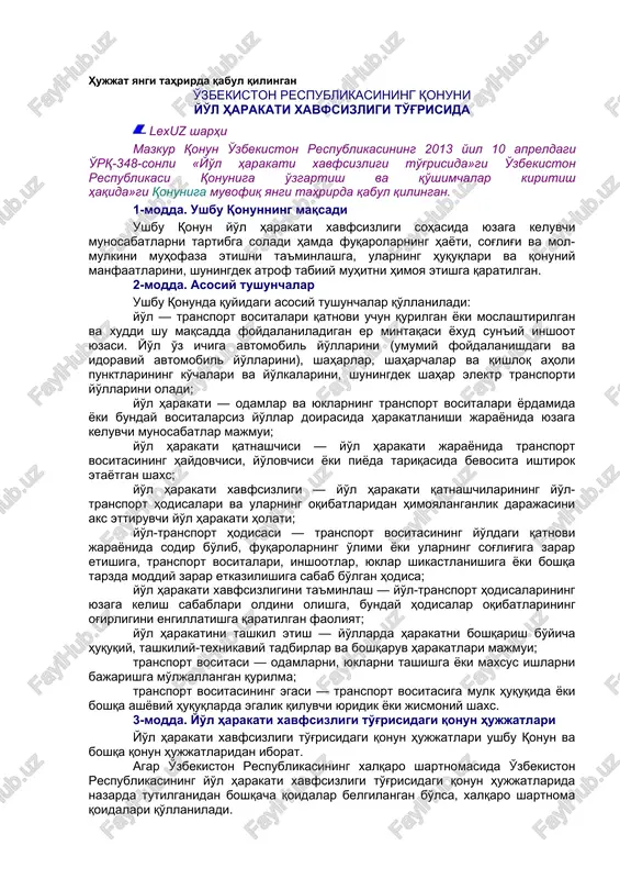 o'zbekiston respublikasining qonuni yo'l harakati xavfsizligi to'g'risida — DOCX