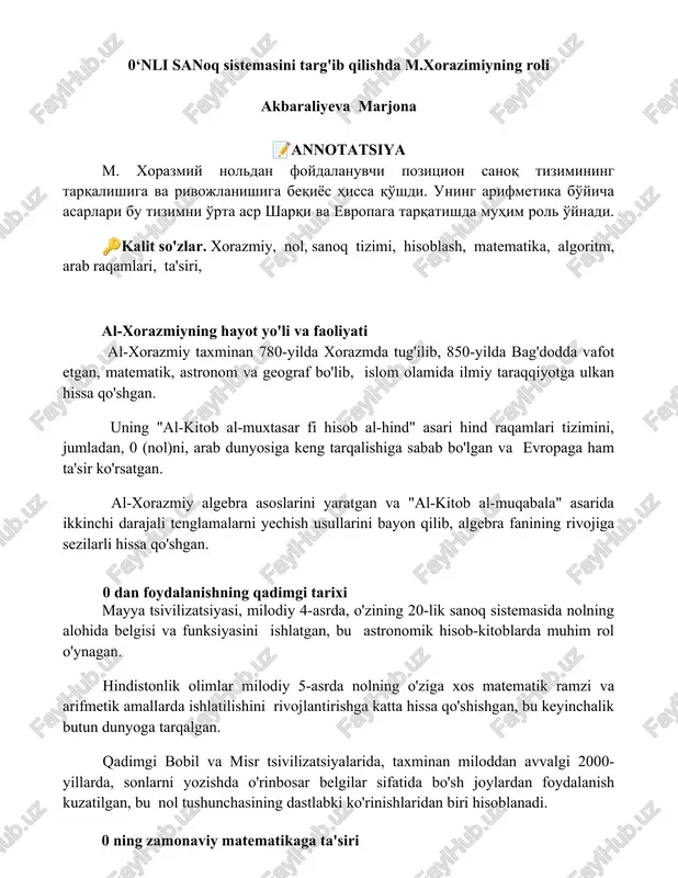 mavzu: al-xorazmiyning hayot yo'li va faoliyati — DOCX