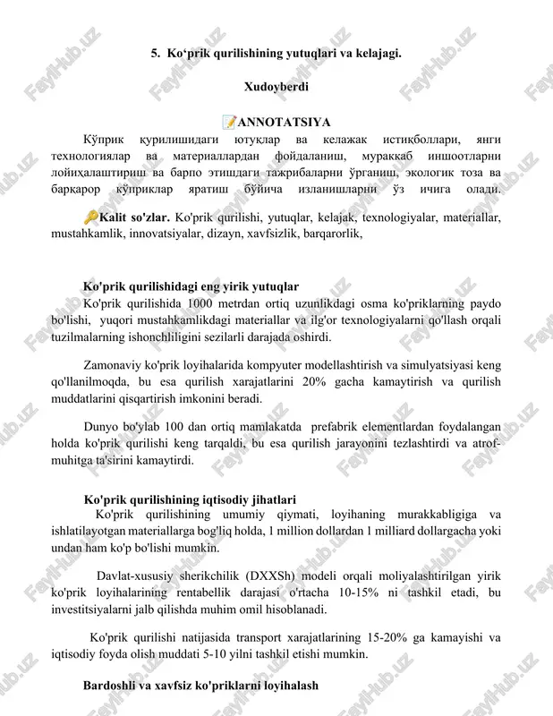 ko‘prik qurilishining yutuqlari va kelajagi. — DOCX
