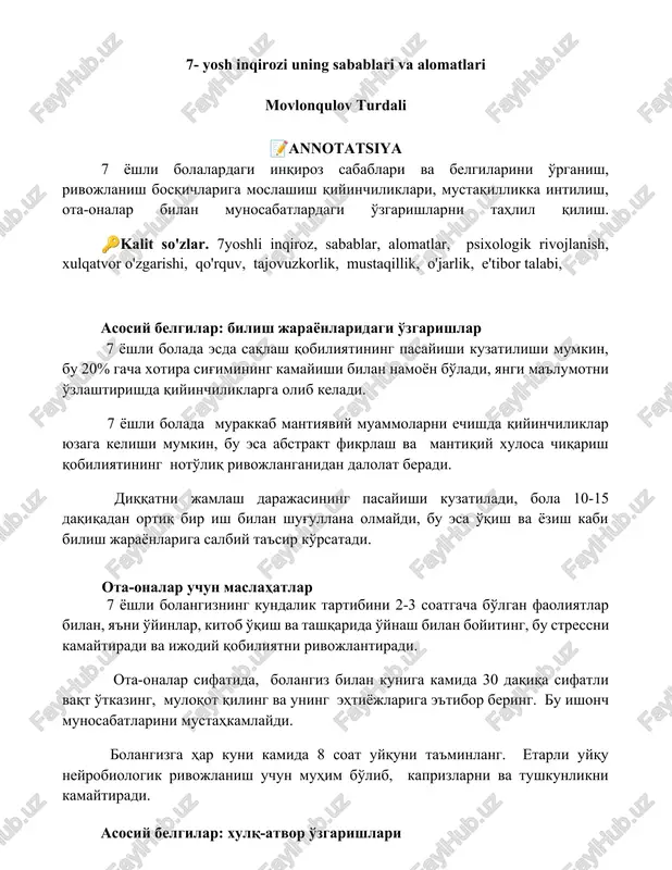 7- yosh inqirozi uning sabablari va alomatlari — DOCX