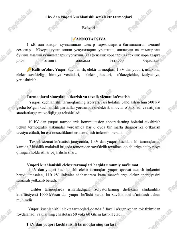 1 kv dan yuqori kuchlanishli sex elektr tarmoqlari — DOCX