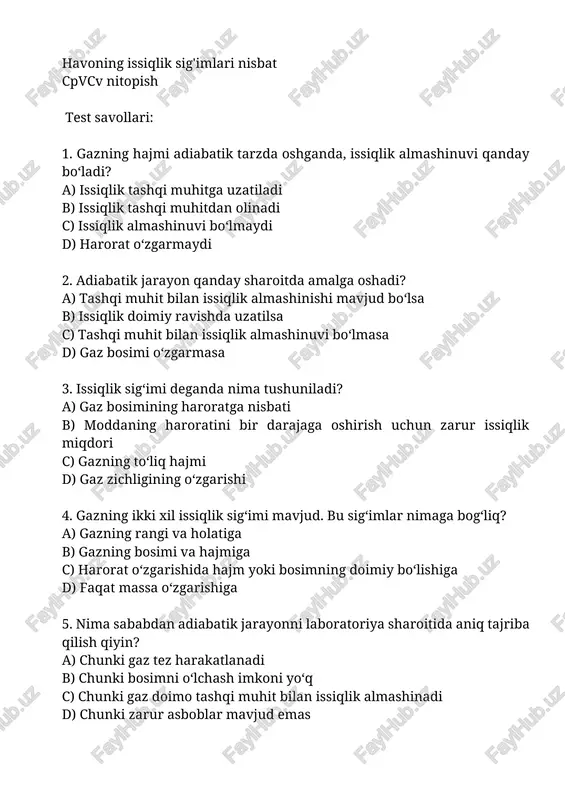 havoning issiqlik sig'imlari nisbat cpvcv nitopish — DOCX