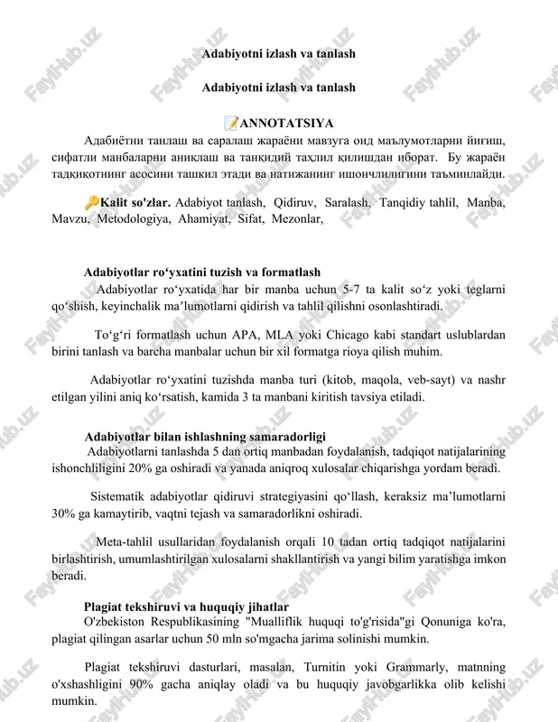 adabiyotni izlash va tanlash — DOCX