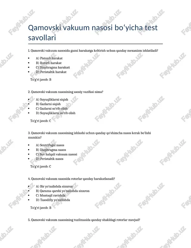 kamovski vakuum nasosi test savollari — DOCX