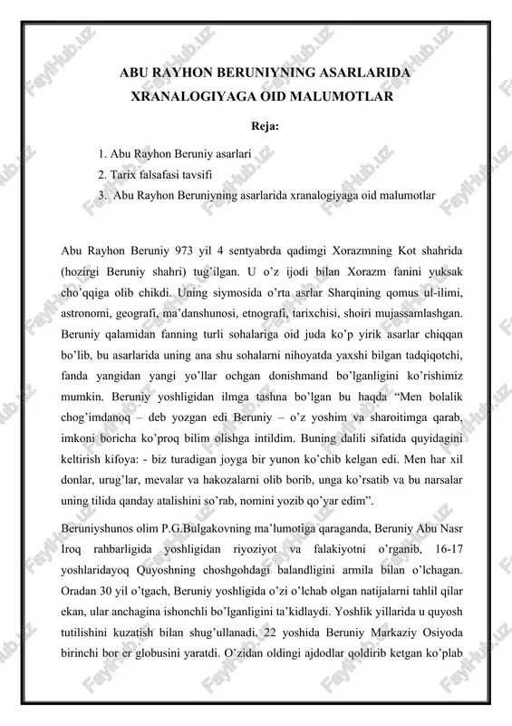 abu rayhon beruniyning asarlarida xranalogiyaga oid malumotlar — DOCX