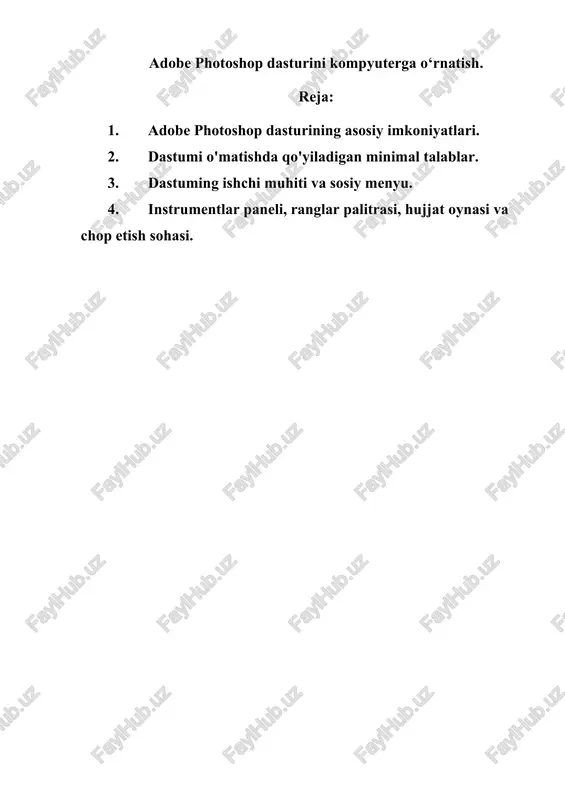 adobe photoshop dasturini kompyuterga o‘rnatish — DOCX