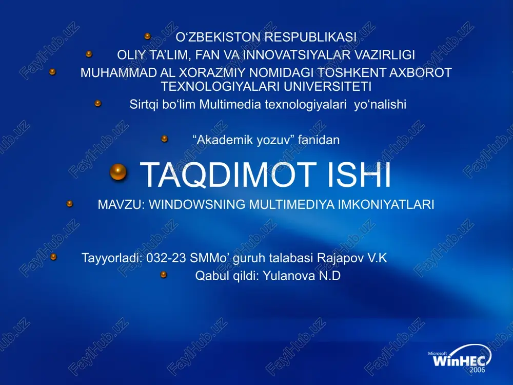 windowsning multimediya imkoniyatlari — PPTX