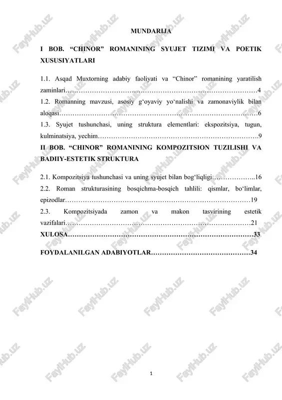 “chinor” romanining syujet tizimi va poetik xususiyatlari — DOCX