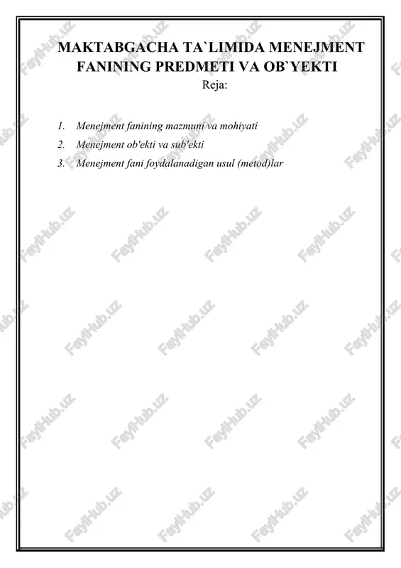 maktabgacha ta'limida menejment fanining predmeti va ob'yeti — DOC